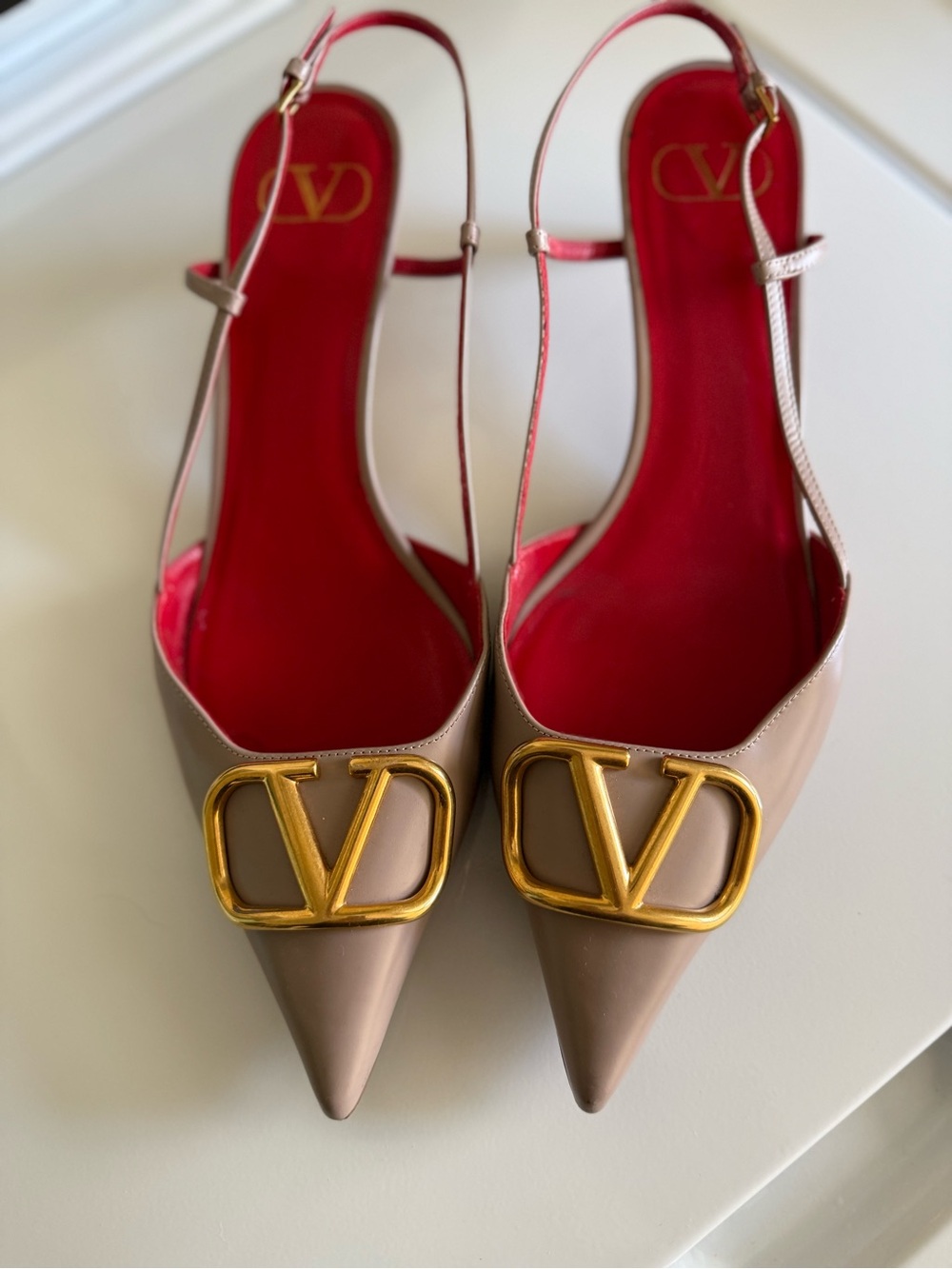 Valentino Nude Taupe Pointed Slingback Flats with Gold V Logo and Red Insole
